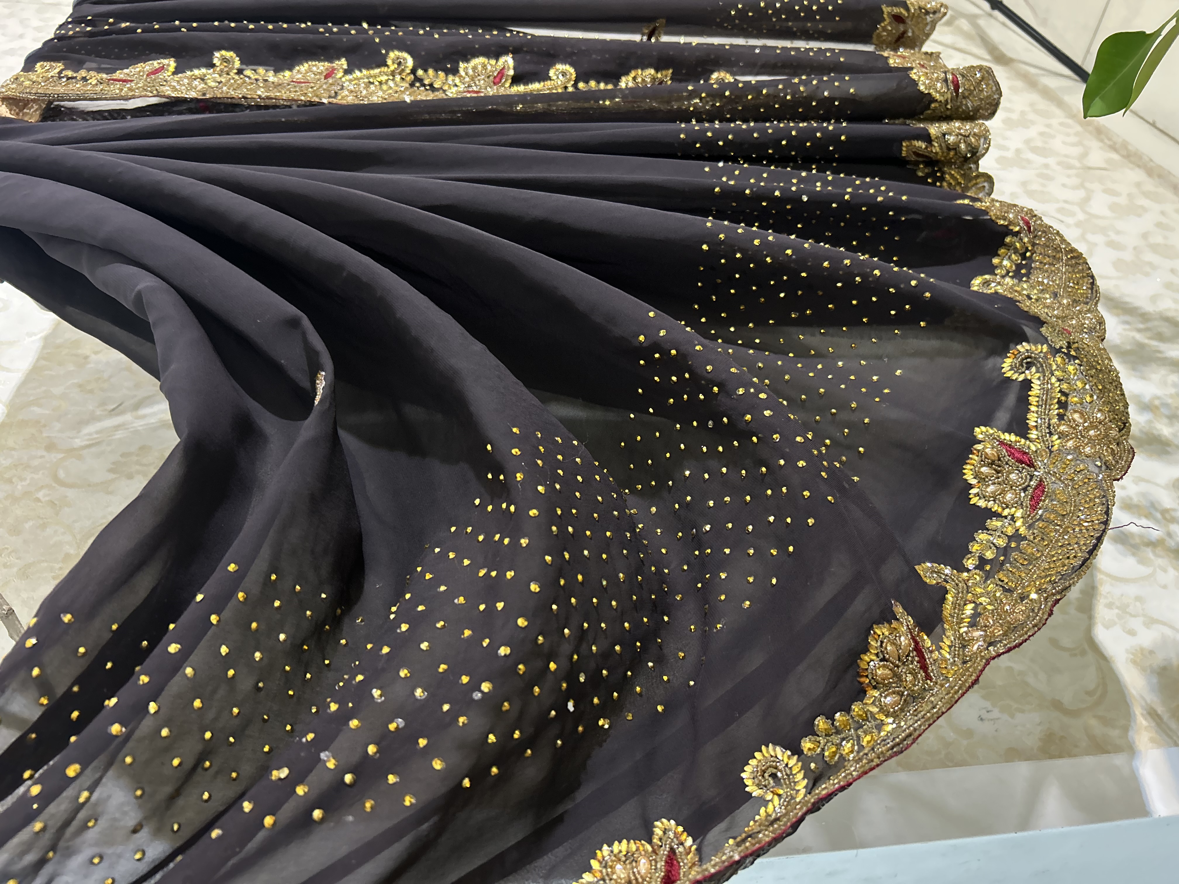 Charcoal black heavy stone work saree — image 2