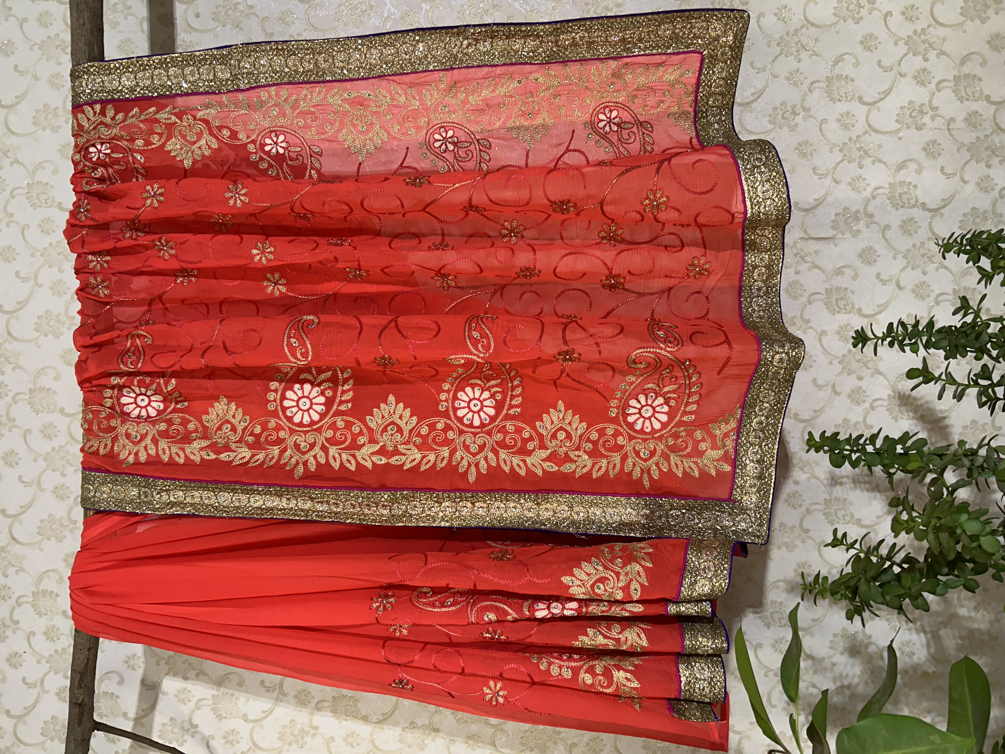 Tomato red saree with thread embroidery — image 1
