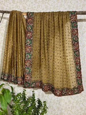 Cream soft satin crepe saree