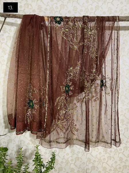 Mocha net saree with floral embroidery 