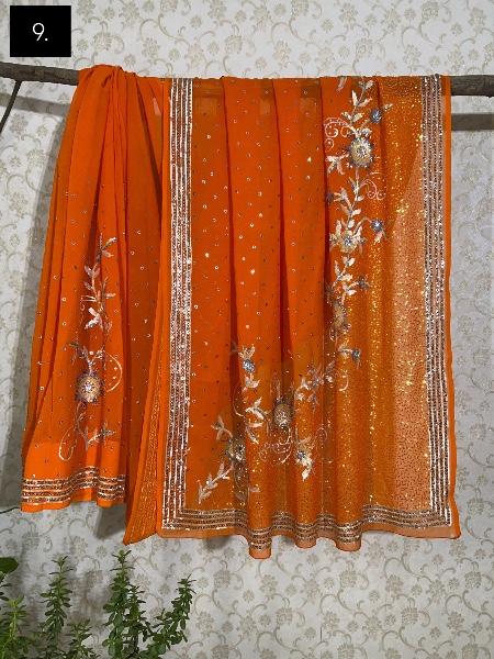 Vintage floral embroidered orange saree