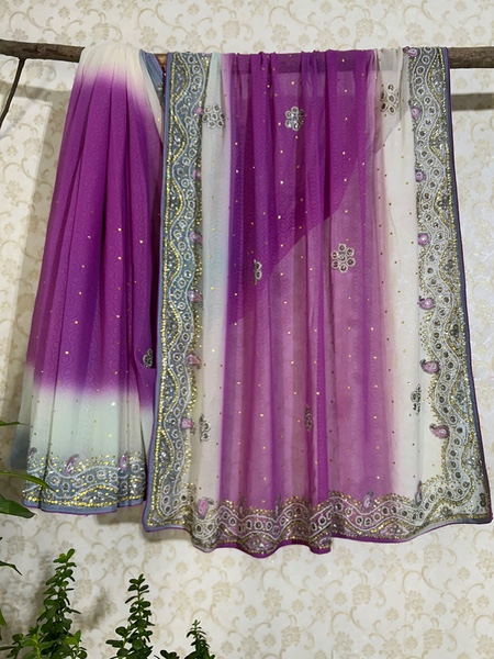 Purple and white ombre saree