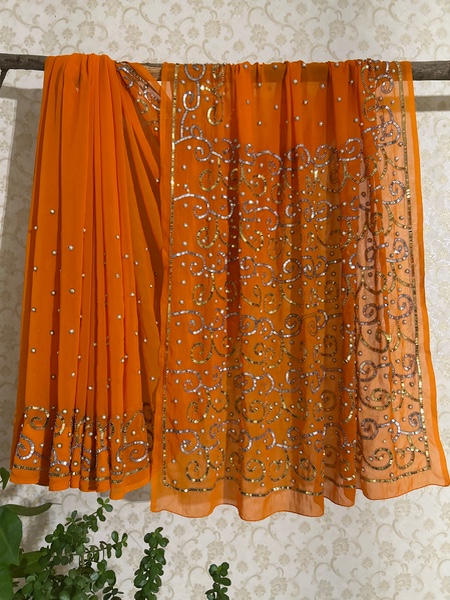 Vintage fully beaded orange saree