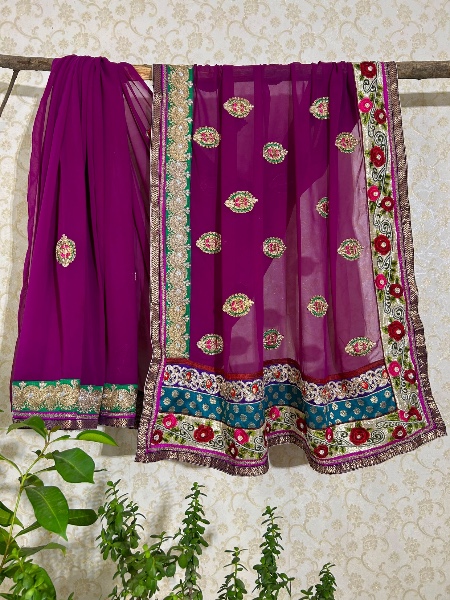 Violet floral embroidered border saree