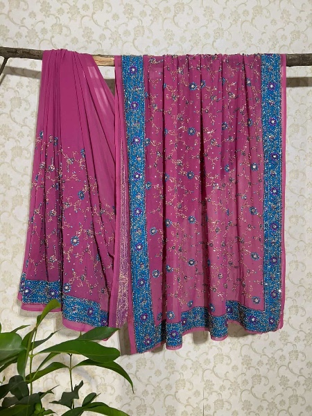Hand embroidered pink n blue zardosi saree