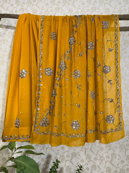 Vintage yellow floral embroidered saree