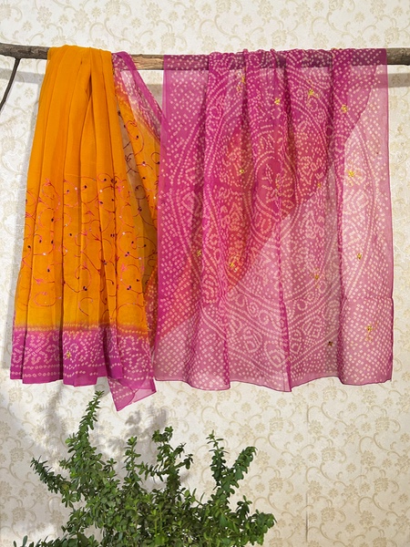 Pink yellow bandhani saree