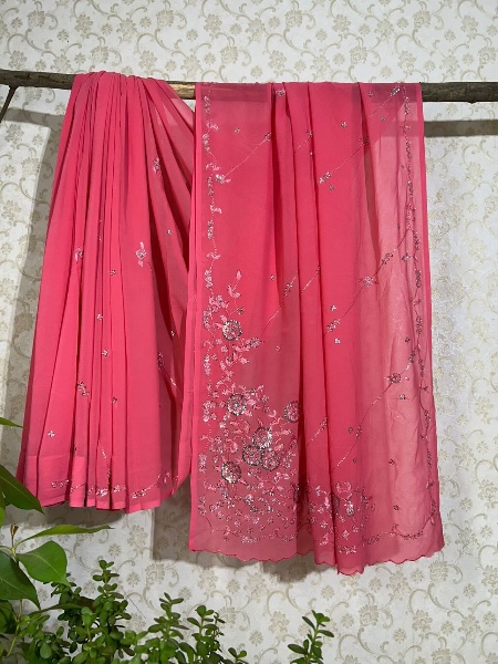 Hand embroidered pink saree