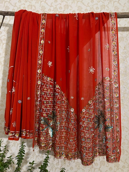Cherry red hand embroidered saree
