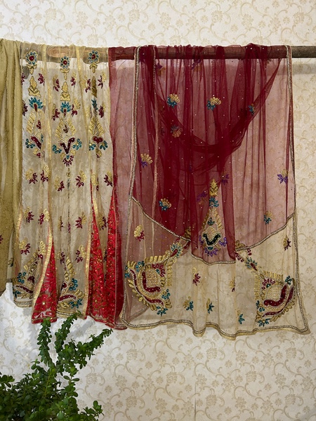 Beige-Maroon lehenga saree