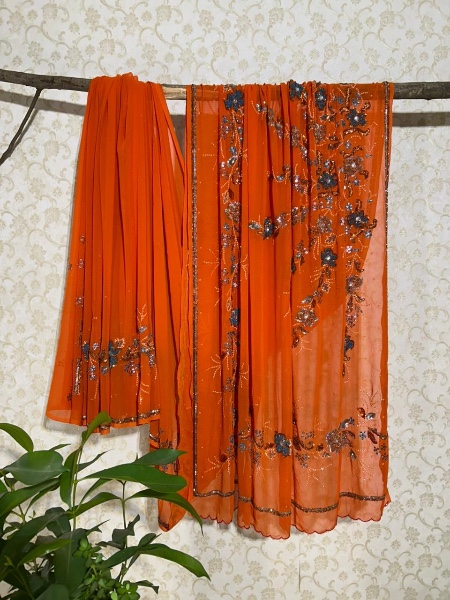 Orange saree with blue embroidery 