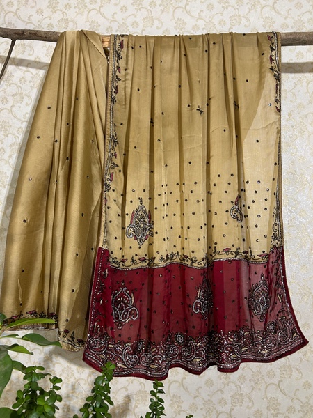 Beige and maroon crepe satin saree