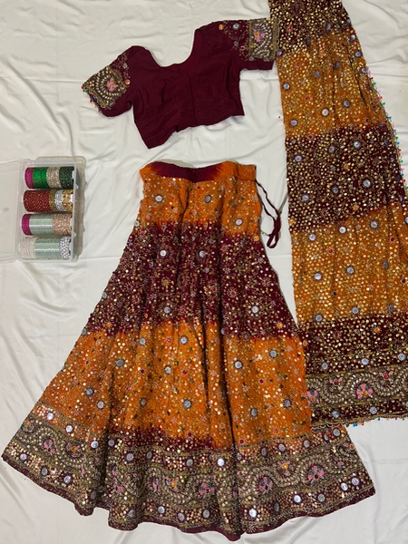Yellow and Maroon hand embroidered ombre lehenga set