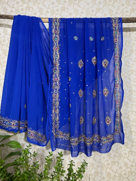 Blue saree with vintage embroidery 