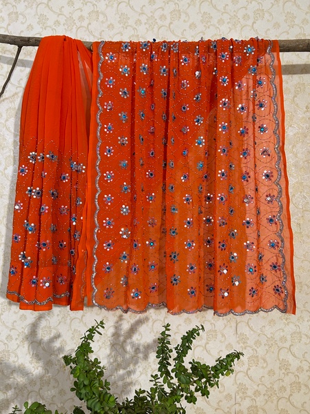 Orange mirror work saree