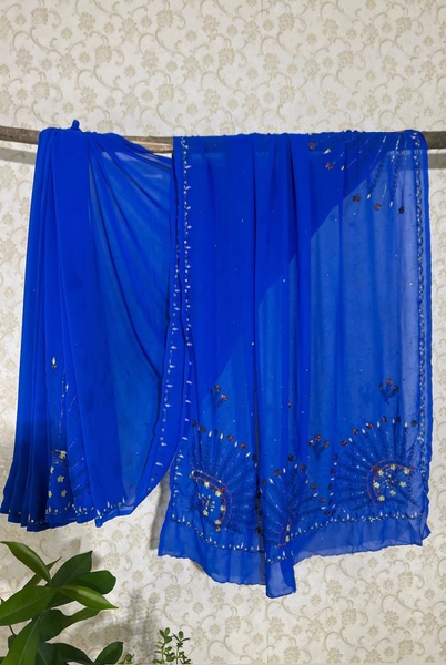Vintage blue hand embroidered saree