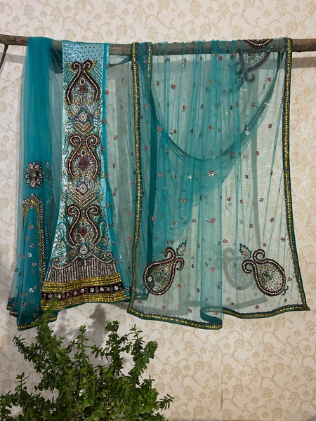 Teal lehenga saree