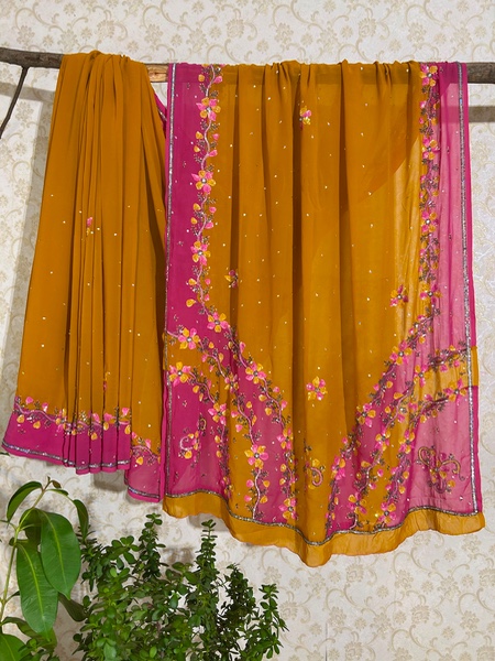 Orange and pink dual floral embroidered saree
