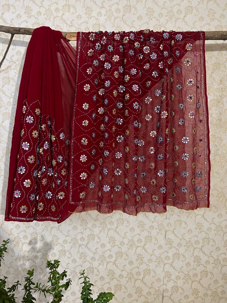 Maroon mirror work vintage saree