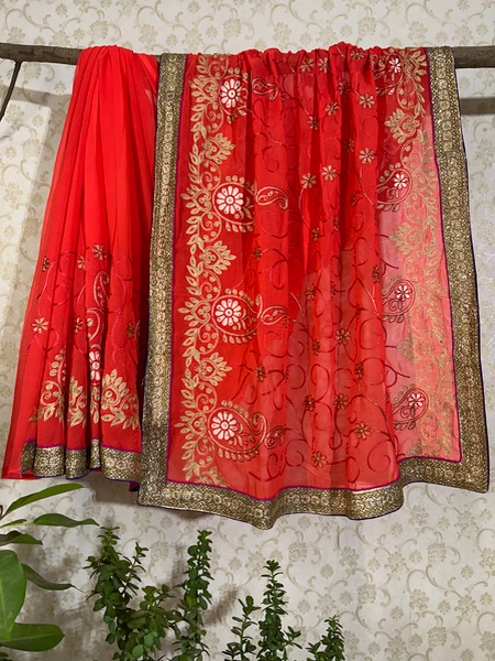 Tomato red saree with thread embroidery 