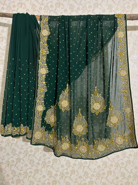 Emerald green heavy stone work saree