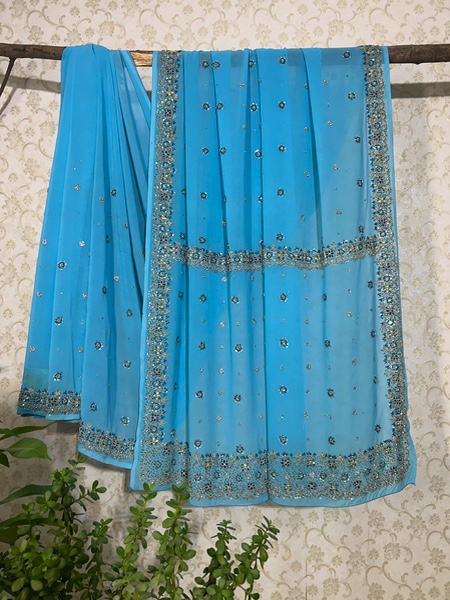 Vintage blue zardosi saree