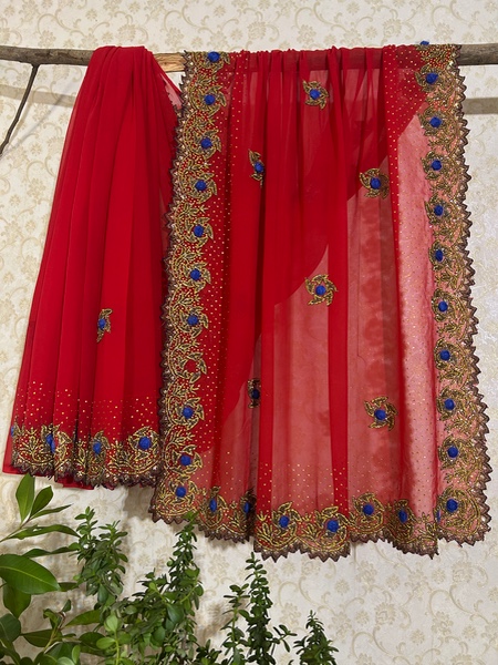 Red stone work saree with 3D roses